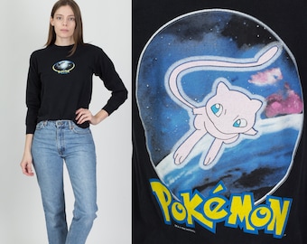 90s Pokemon: The First Movie Cropped Long Sleeve Tee XS to Petite Small | Vintage Mew Vs. MewTwo Anime Graphic Black Shirt