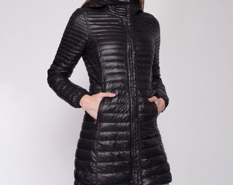 Patagonia Black Fiona Lightweight Down Fill Parka - Extra Small | Vintage Long Zip Up Hooded Lightweight Jacket