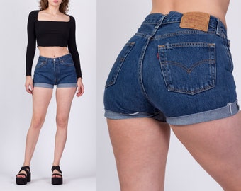 Vintage Levis 501 Cuffed Jean Shorts Small | 90s Dark Wash High Waisted Levi's Denim Shorts