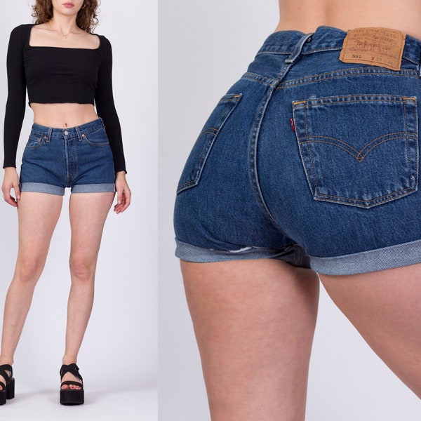 Vintage Levis 501 Cuffed Jean Shorts Small | 90s Dark Wash High Waisted Levi's Denim Shorts