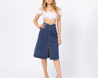 Vintage 70er Jahre Western Denim A-Line Rock - Extra Klein, 24 "Taille | Americana Blue Jeans Hoch taillierter knielanger Midi Rock