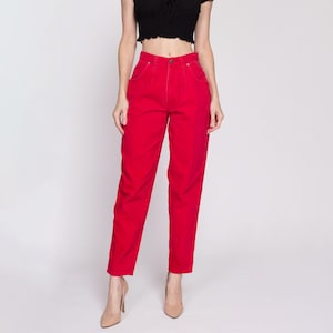 Small 90s Sassoon Red High Waisted Jeans 26&quot; | Vintage Soft Denim Pleated Tapered Leg Mom Jeans