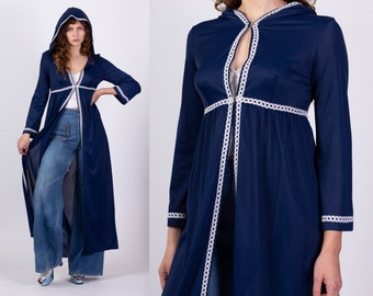 Medium 70s Navy Blue Hooded Lounge Robe | Vintage Lace Trim Zip Up Loungewear Maxi Dressing Gown