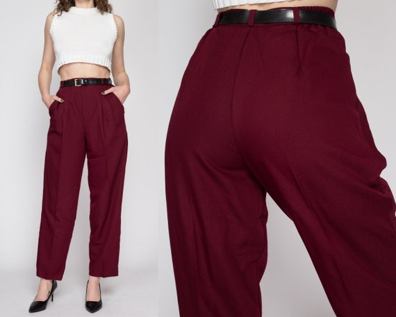 Burgundy Polyester-Rayon high waisted pleated Women Dress Pants