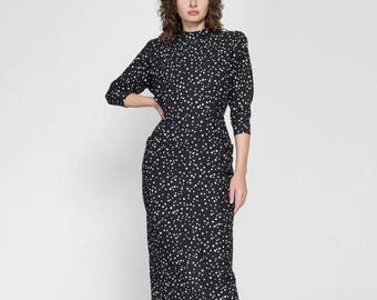 Medium 80s Black & White Polka Dot Midi Dress | Vintage Dolman Sleeve Shoulder Pad Shelf Pocket Dress