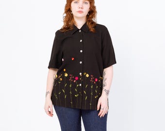 Vintage 90s Black Painted Wildflower Floral Blouse - Large | Boho Short Sleeve Linen Button Up Collared Top