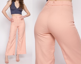 70s Peach Pink Flared Pants Medium, 28" | Vintage High Waisted Wide Leg Retro Trousers