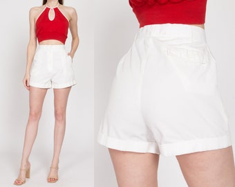 Small 80s White High Waisted Shorts 26.5" | Vintage Cuffed Cotton Blend Summer Shorts