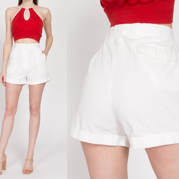 Small 80s White High Waisted Shorts 26.5" | Vintage Cuffed Cotton Blend Summer Shorts