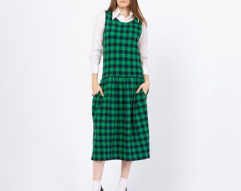 Sukienka midi Izod w kratkę gingham w stylu vintage z lat 90. w kolorze zielonym, w rozmiarze S | Elegancka flanelowa sukienka bez rękawów z obniżonym stanem
