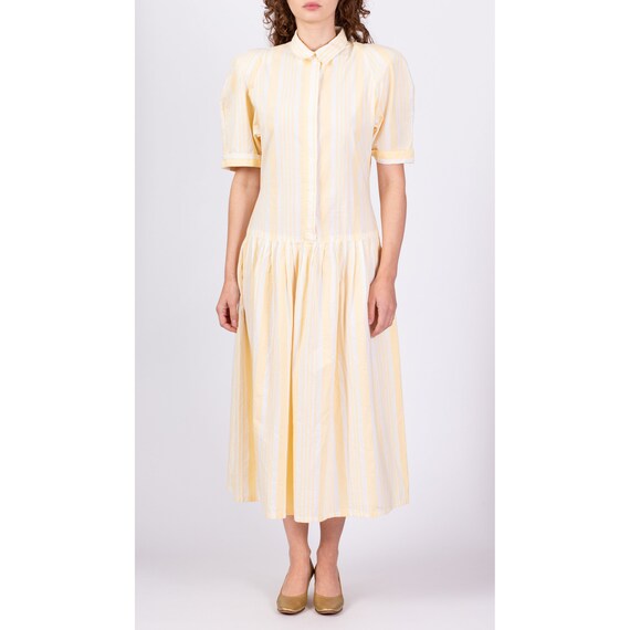80s Yellow Striped Drop Waist Dress Large | Vinta… - image 4