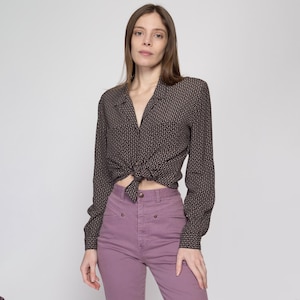 Med-Lrg 90s Esprit Geometric Print Long Sleeve Blouse | Vintage Charcoal Brown Collared Button Up Top
