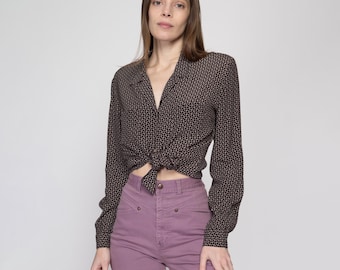90s Esprit Geometric Print Long Sleeve Blouse - Med-Lrg | Vintage Charcoal Brown Collared Button Up Top