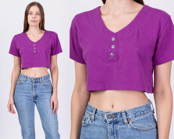 Medium 80s Purple Crop Top | Vintage Scoop Neck H… - image 1