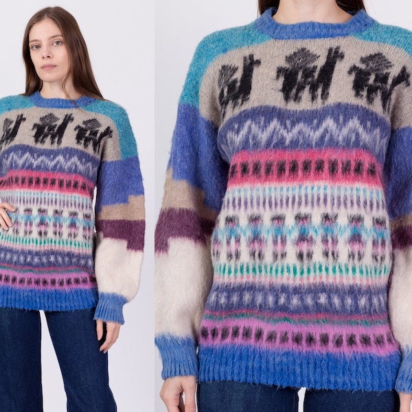 Vintage Alpaca Shaggy Knit Sweater Men's Medium, Women's Large | Boho Striped Peruvian Wool Pullover Jumper