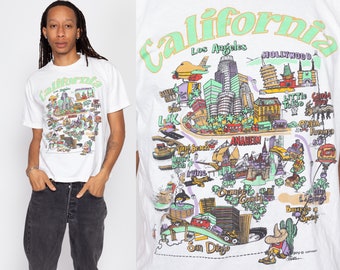 Med-Lrg 90s Southern California Cartoon Map T Shirt | Vintage Los Angeles Graphic Tourist Tee