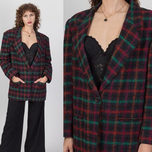 80s Plaid Tweed Longline Blazer Large Vintage Oversize Button Up Notched Collar Jacket image 1