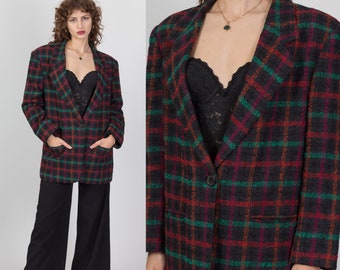 80s Plaid Tweed Longline Blazer Large | Vintage Oversize Button Up Notched Collar Jacket