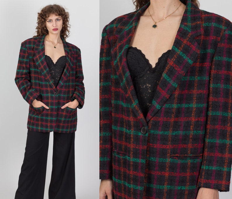 80s Plaid Tweed Longline Blazer Large Vintage Oversize Button Up Notched Collar Jacket image 1