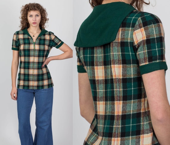 Small 60s 70s Plaid Wool Zip Up Top | Vintage Sho… - image 1