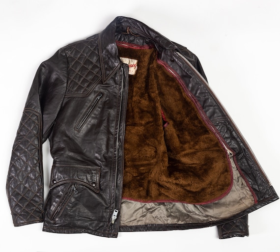 Medium 60s Cycle Rider Brown Quilted Leather Coat… - image 5