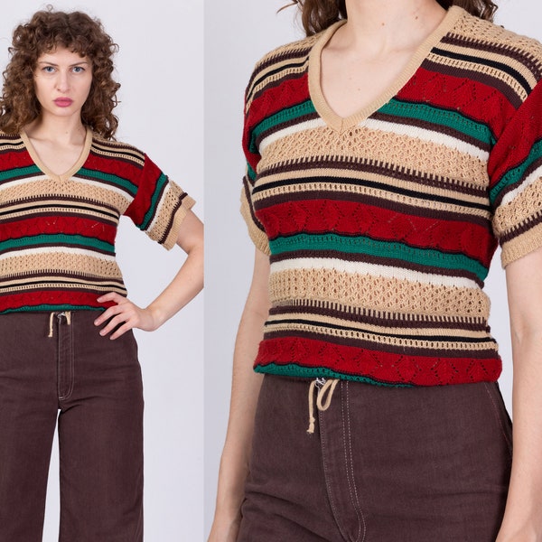 70s Striped Knit Crop Top - Medium | Vintage Earth Tone Short Sleeve V Neck Eyelet Open Weave Blouse