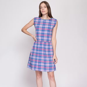 Small 90s Madras Plaid Drop Waist Dress | Vintage Button Back Retro Mini Cap Sleeve Pinafore Dress