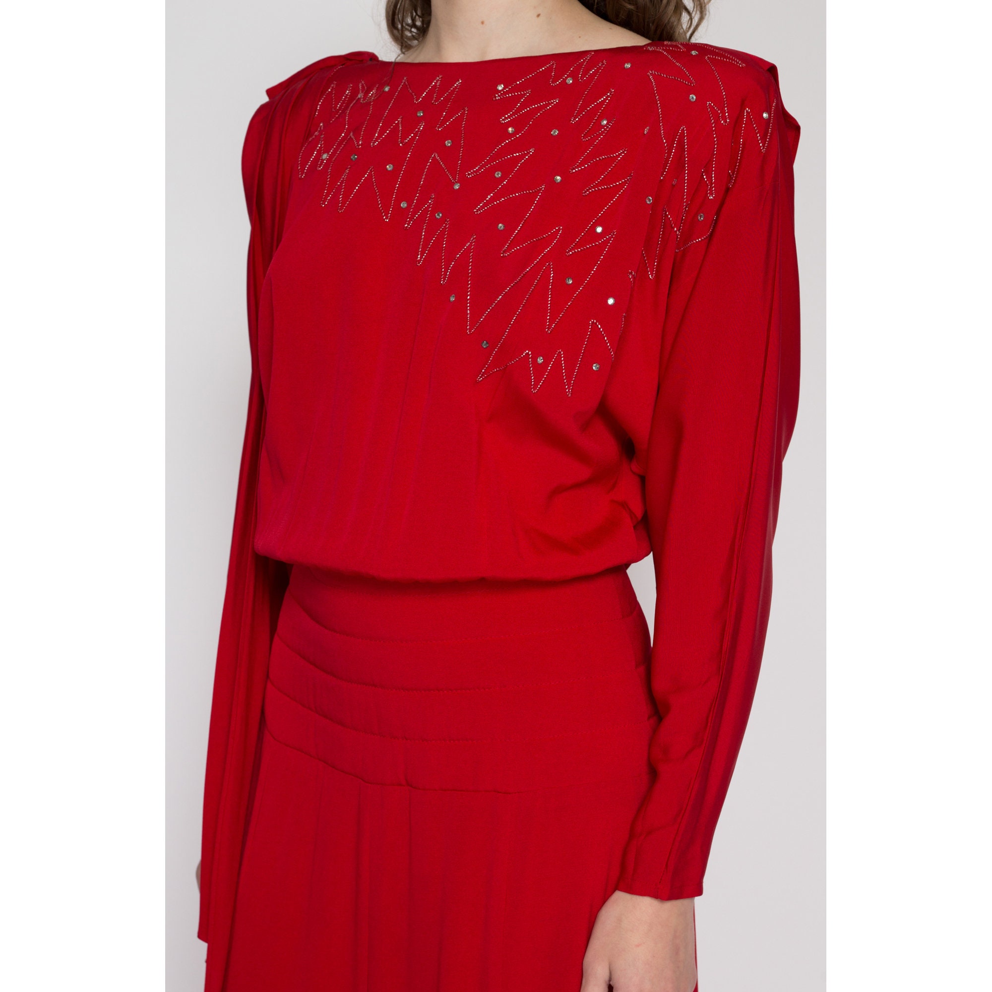 Small 80s Casadei Red Draped Back Midi Dress | Vintage Designer Long Sleeve Blouson Shirtdress Small 80s Casadei Red Draped Back Midi Dress | Vintage Designer Long Sleeve Blouson Shirtdress