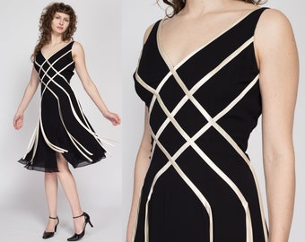 Medium 90s Silk Black & White Satin Fringe Tassel Dress | Vintage Papell Boutique Low Back Sleeveless Formal Midi Party Dress
