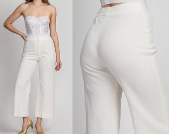 70s White High Waist Flared Pants Extra Small, 25" | Vintage Textured Bootcut Retro Boho Trousers