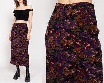 Medium 90s Dark Floral Tapestry Maxi Skirt 28" | Vintage High Waisted Boho Grunge Skirt