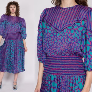 Small 80s Susan Freis Boho Designer Dress Vintage Purple Blue Georgette Balloon Sleeve Striped Midi Dress image 1