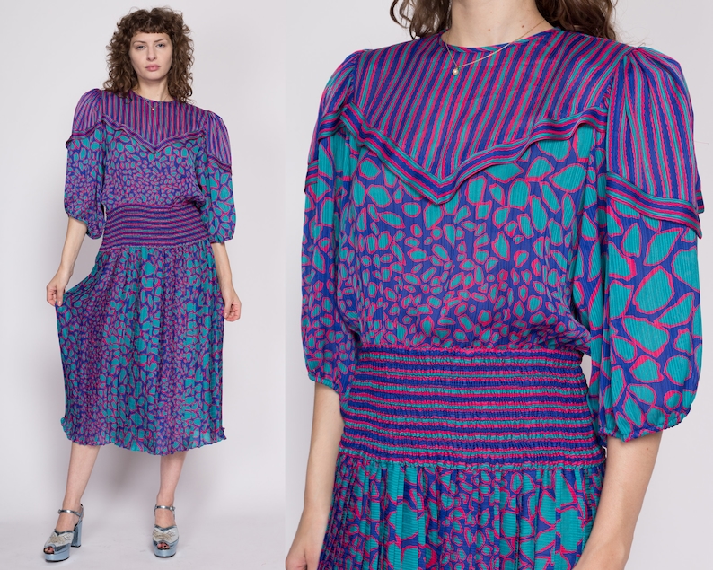 Small 80s Susan Freis Boho Designer Dress Vintage Purple Blue Georgette Balloon Sleeve Striped Midi Dress image 1