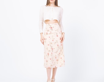 Vintage 90s Cream Silk Floral Midi Skirt - Extra Small, 24" | Boho High Waisted A Line Skirt