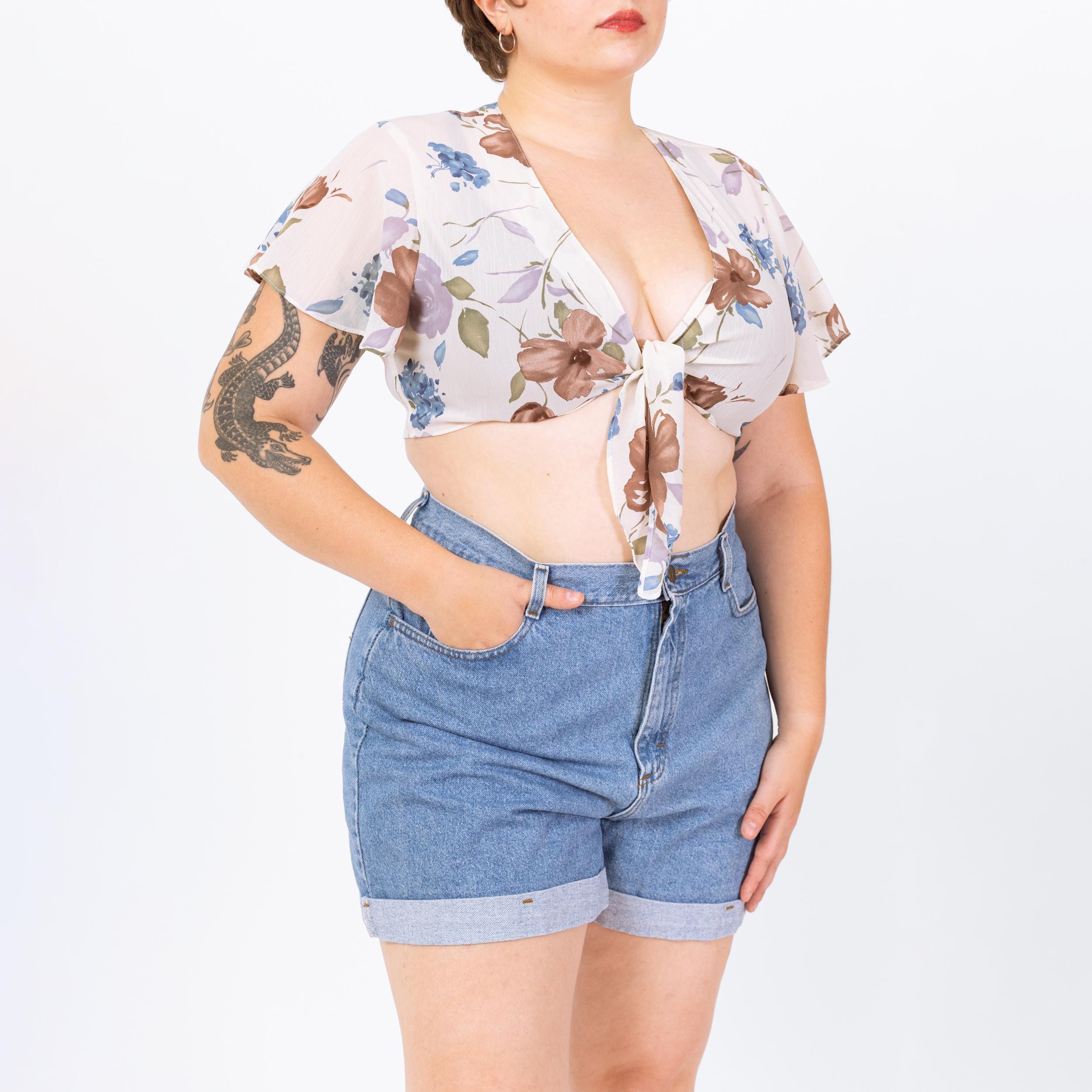 Vintage 90s Sheer White Floral Tie Front Crop Top - Large 