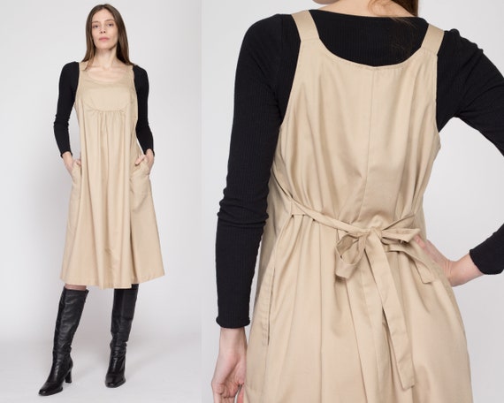 Medium 70s Khaki Midi Pinafore Tent Dress | Vinta… - image 1