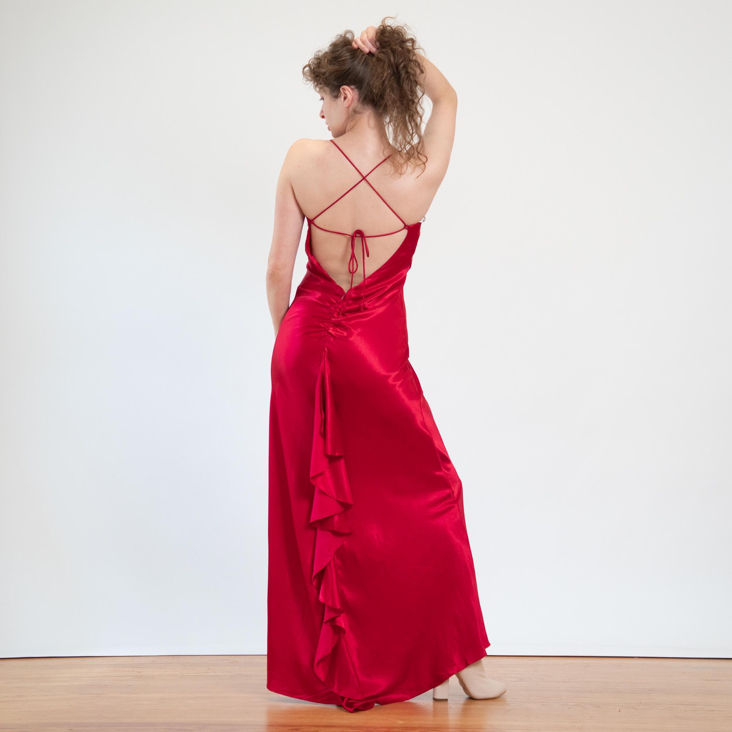 90s bias cut dress Best Sellers NH Week 51 2025 Long Emerald Green Stretch Color:Red/Red Nostalgia 100% Rayon Made