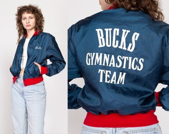 Small 80s Bucks Gymnastics Team Satin Cropped Varsity Jacket | Vintage Navy Blue Snap Up Athletic Bomber