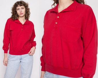 90s Lizwear Red Cropped Collared Sweatshirt Medium | Vintage Slouchy Pullover Half Button Sweater