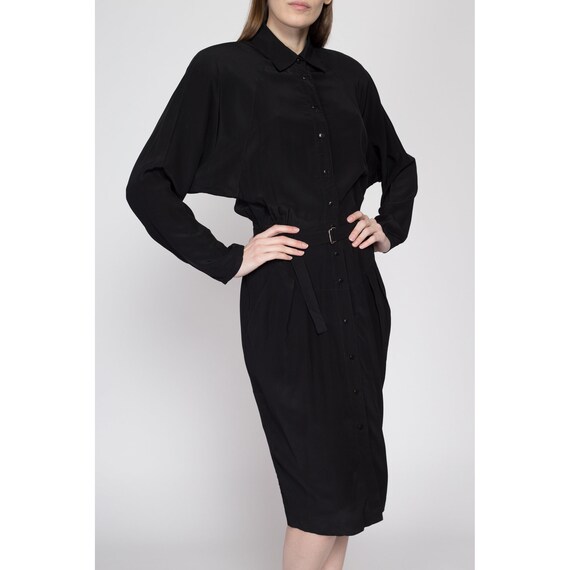 Small 80s Black Silk Dolman Sleeve Shirtdress | V… - image 4