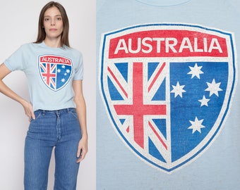 Small 70s Australian Flag T Shirt | Vintage Blue Distressed Graphic Tourist Tee