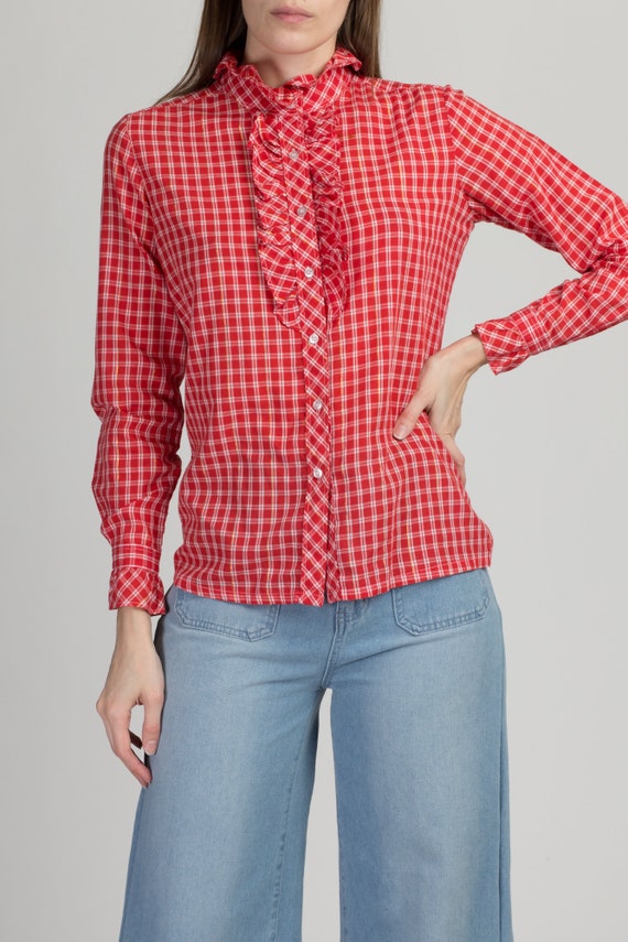 70s Red & White Plaid Ruffle Collar Shirt Small |… - image 4