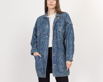 Medium 80s Freego Floral Tapestry Denim Jacket | Vintage Grunge Oversized Long Blue Jean Chore Coat
