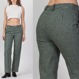 31" Waist 70s Green Houndstooth Unisex Trousers | Vintage Mid Rise Straight Leg Pants