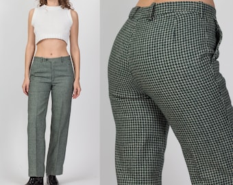 31" Waist 70s Green Houndstooth Unisex Trousers | Vintage Mid Rise Straight Leg Pants