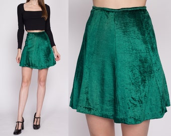 Small 60s Green Velvet Mini Skirt 26" | Vintage Jewel Tone High Waisted A Line Flowy Skater Miniskirt