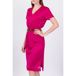 70s 80s Hot Pink Knit Dress Medium Vintage Semi Sheer Retro Fitted Waist Dress image 4