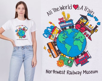 90s "The World Loves A Train" Railway Museum Tee Extra Small | Vintage White Graphic Tourist T Shirt