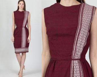 Vintage Maroon Embroidered Sheath Dress Extra Small | Boho Handmade Sleeveless Knee Length Wiggle Dress