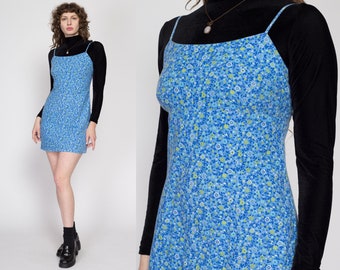 Small 90s Blue Ditsy Floral Mini Dress | Vintage Boho Spaghetti Strap Sundress